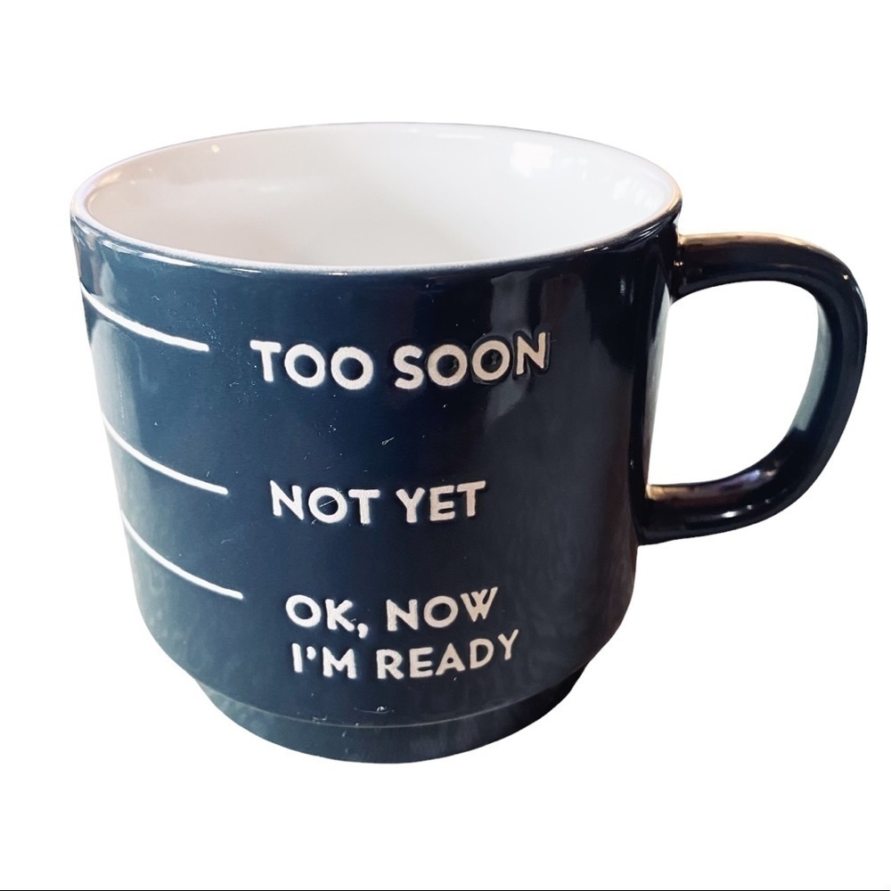 STONEWARE Mug Teal Too Soon Embossed